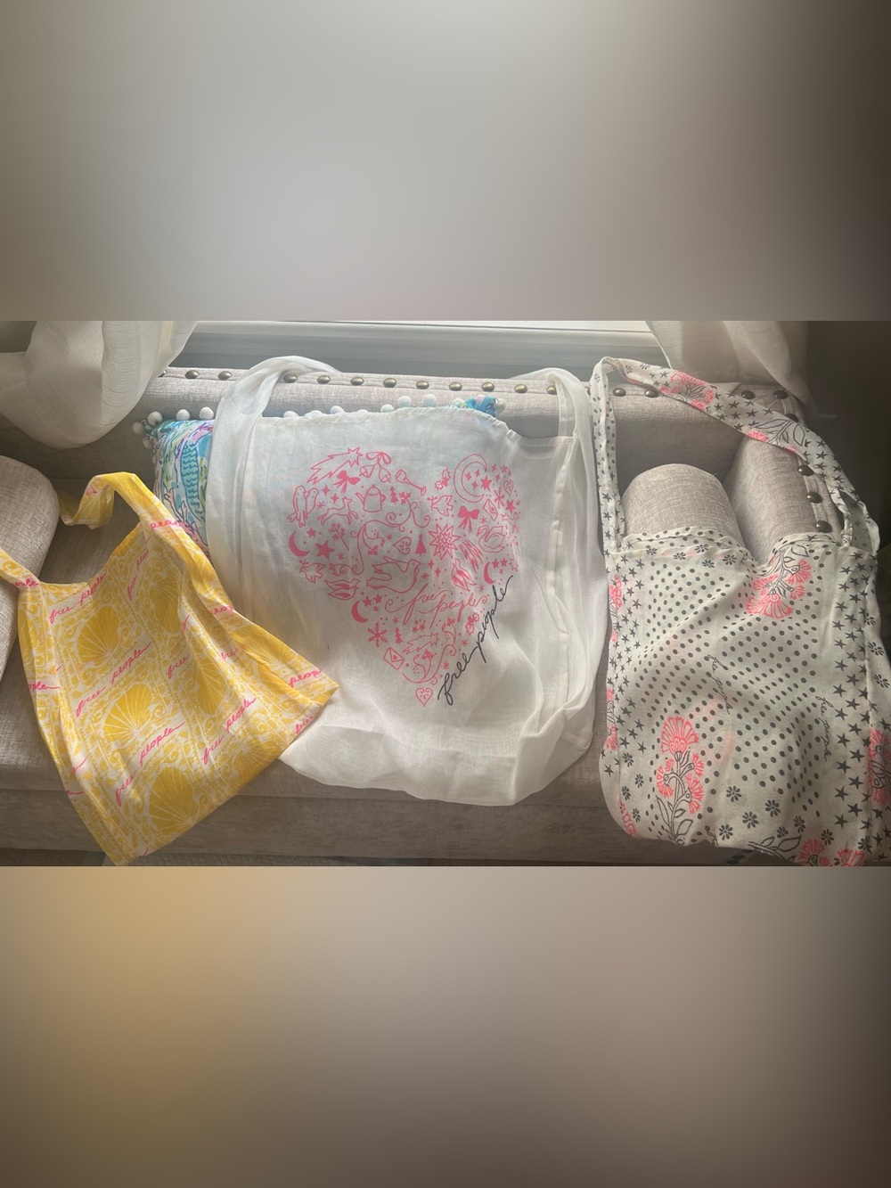 Free People Sheer Bags w/Pink Heart Motif, Floral 3 bag lot